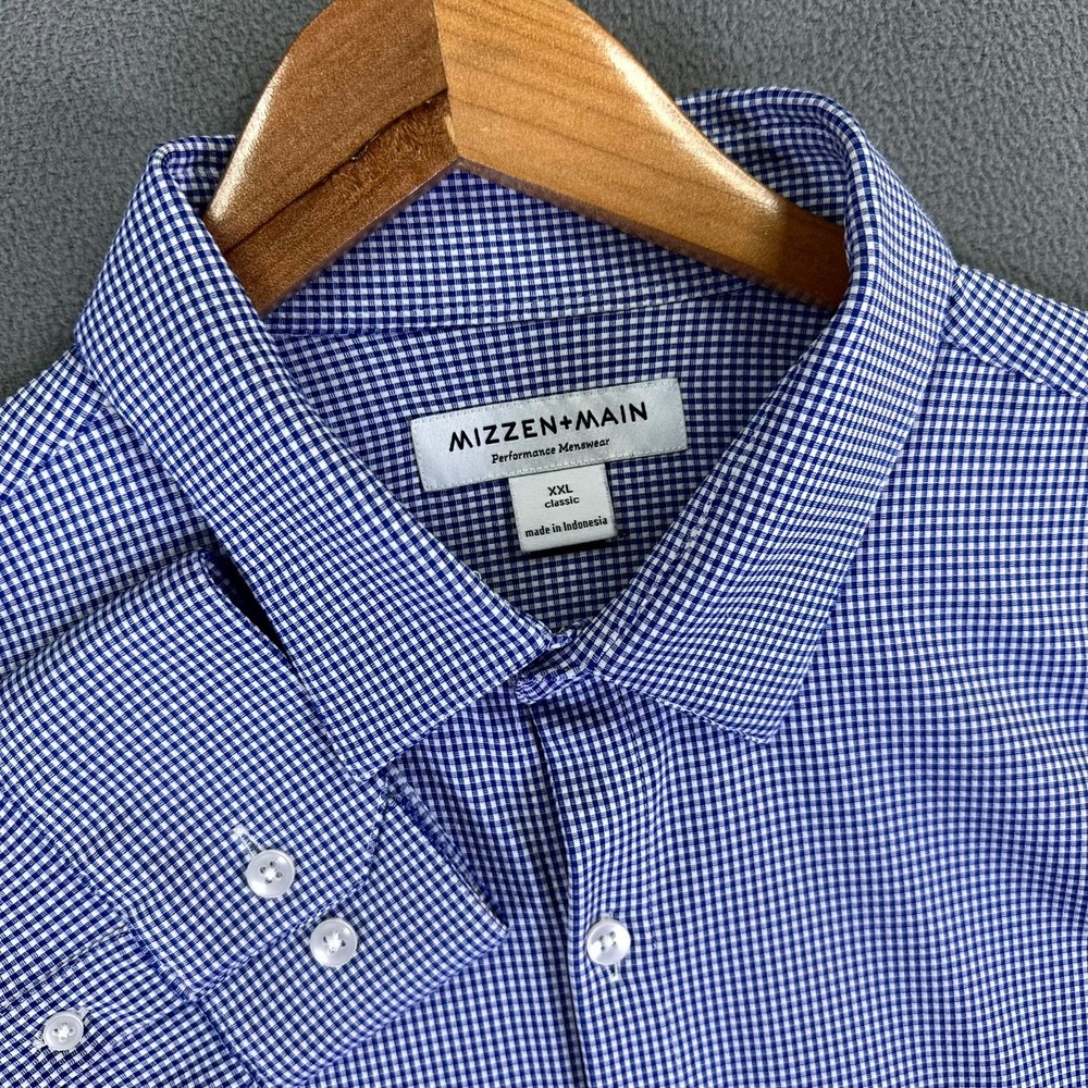 Mizzen Main Shirt 2XL Blue Gingham Check Slim Fit Taper Smart Casual Performance